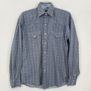 Stetson Mens Snap Front Western Shirt Blue Geometric Print Long‎ SleeveSize S